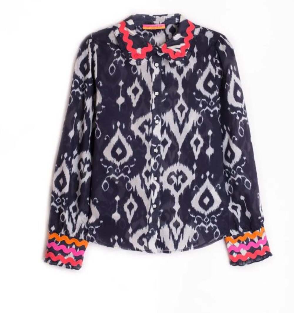 Vilagallo Zali Shirt Blouse in Navy XS $165 Ikat Colorful Cuffs Italian Cotton